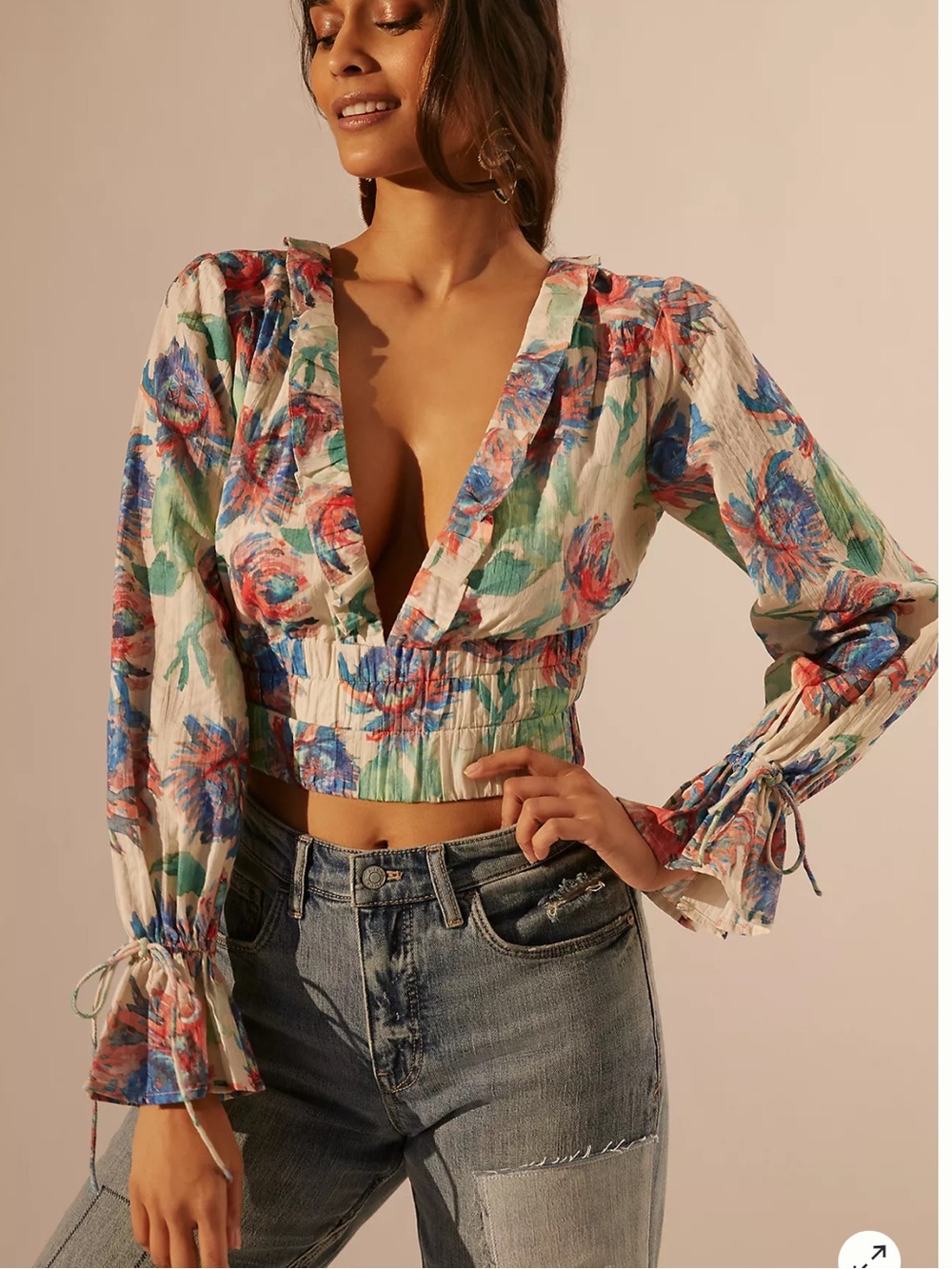 Floral Ruffle Deep-V Smocked Waist Crop Top - White Multi